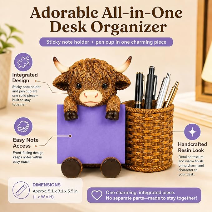Highland Cow Note Pad Dispenser with Pen Cup, Desk Organizer | Cute highland cow note pad dispenser with pen cup, perfect for desks, offices, classrooms, and cow lover gifts.