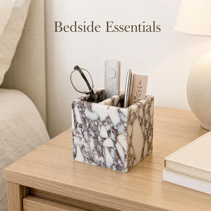 2-Compartment Marble Pen Holder, 3.74 in | Compact 2-section marble holder for pens, makeup brushes, toothbrushes, razors, and slim daily items.