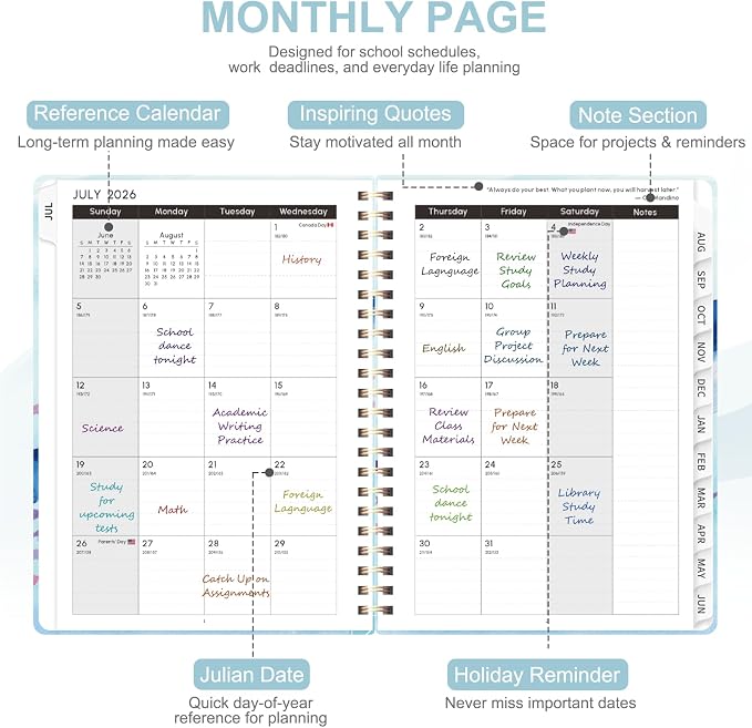 Planner 2026-2027, Weekly and Monthly Academic Year Calendar Planner, July 2026 - June 2027, Daily Agenda Book for Office School Supplies, A5(6.3'' x 8.5'')