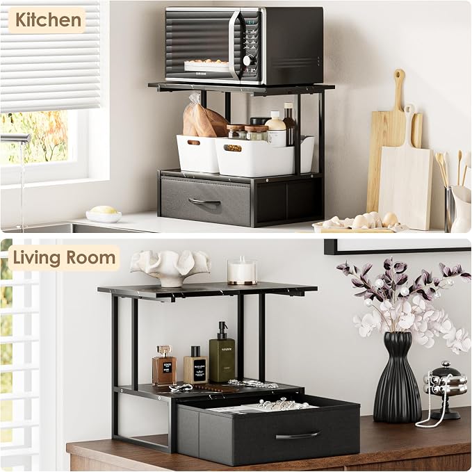 Masupu Printer Stand for Desk, Printer Table with Fabric Storage Drawer, 2 Tier Desktop Shelf, Multi-Purpose Desk Organizer for Home Office, 3D Printer, Fax Machine, Scanner, Marble Black