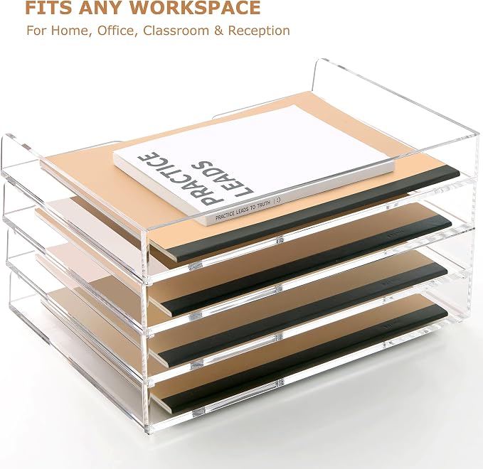 Acrylic Desk Organizer, Stackable Paper Organizer Letter Tray 4-Tier Clear | Enlarged File Organizer for Documents, Files, Letters, A4 Paper, Books, Notes, Mail & Paper Storage, Office Classroom Home