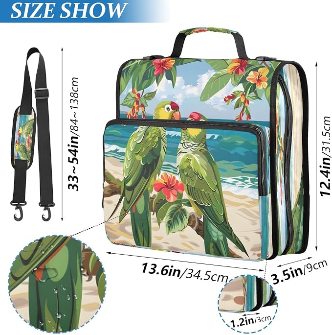 Parrots on The Beach Zipper Binder 3 Ring with Handle and Shoulder Strap, 500 Sheet Binder Organizer Capacity & Multi-Pockets for School Office
