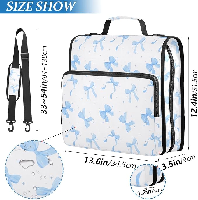 Coquette Blue Bow Watercolor Zipper Binder with Shoulder Strap Bag 3 Ring Binder Organizer Large Capacity Multiple Compartments for School Office