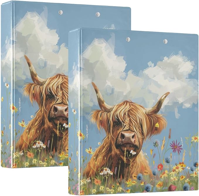JIPONI 3 Ring Binder A Cute Highland Cow 1 Inch Round Binders for Men Women Students, Cute File Organizer for Office School, 2pcs