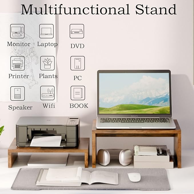 TEAMIX 2-Pack Monitor & Laptop Stand Riser, Wood High-Low Dual Monitor Set | Stacked/Separate Use, Adjustable Computer Stand for 2 Monitors, Holds 80Lbs, Rustic Desk Organizer for Home Office, Gaming