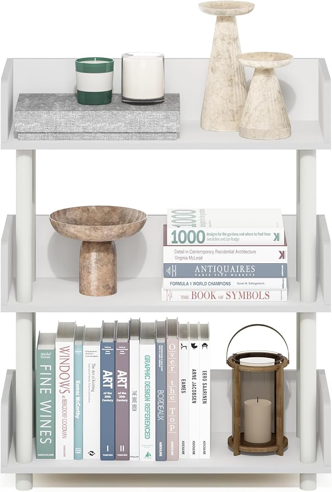 Furinno Turn-N-Tube 3-Tier Display Shelf, Storage Shelves, Book Shelf, Open Shelves with Rounded Corner Top Edges, for Organization and Storage, Living Room, Home Office, White