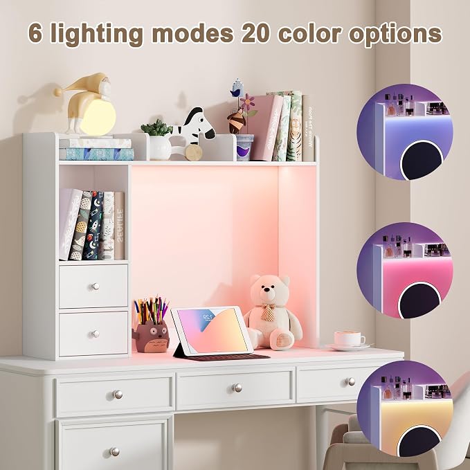 ChooChoo Desktop Bookshelf with LED Lights and 4 Shelves | 36.6", 2 Drawers, Fits 27" Monitor, Desk Organizer Shelf, Dorm Office Home, White