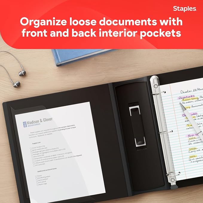 Staples Better 3-Inch D-Ring Binder, Black, Heavy-Duty, Large Capacity | Durable 3-ring binder for school and office document storage and organization.