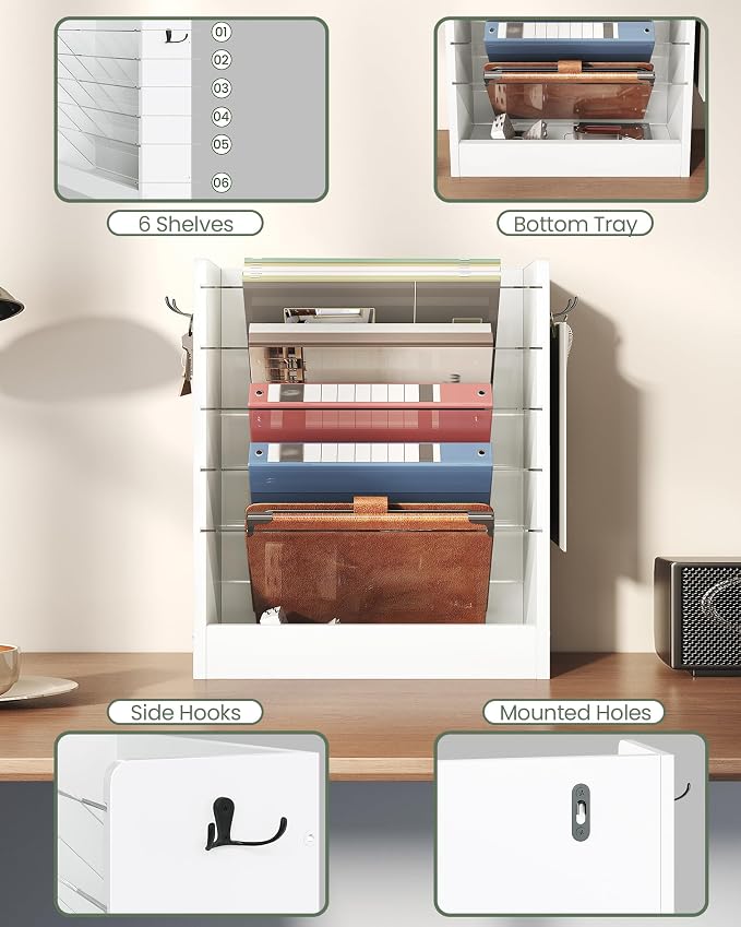 Wall File Holder, 6-Tier File Organizer, Office Supplies Storage Rack, Versatile Desktop Organizer, with Detachable Shelves, with Side Hooks, for Living Room, Study, Home Office, White MWJ02WB