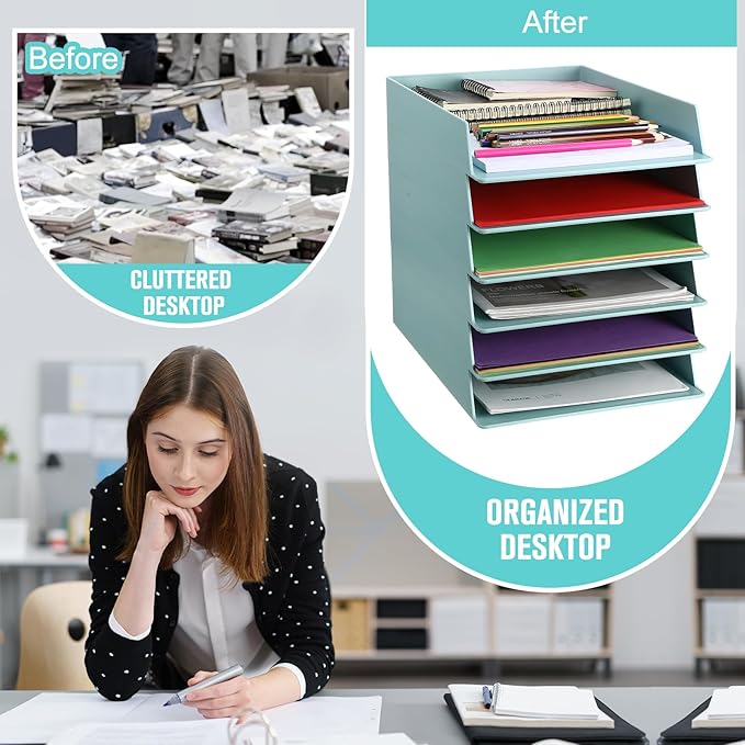 Tatuo 6 Pack Stackable Paper Trays Plastic Letter Tray Desk Organizer Paper Holder Organizer Storage Office Desk Accessories for Classroom Magazine File Documents 12.8 x 9.45 x 1.97, Blue Green
