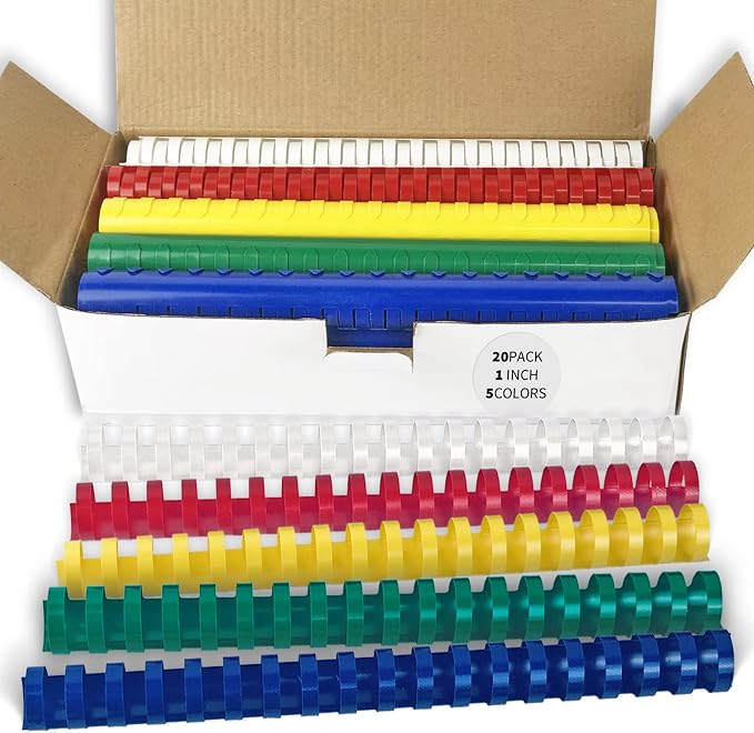 Binditek Plastic Binding Combs, 1 Inch, 19 Ring, Multi Color, 20 Pack | Plastic Binding Combs, 1 Inch Diameter, 225 Sheet Capacity, for Letter Size, Multi Color (White, Yellow, Red, Green, Blue)