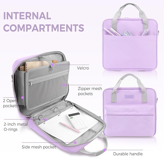 Zipper Binder 3 Ring with Shoulder Strap and Handle, Purple 2 Inch 3 Ring Binder with Zipper, Extra Pockets Holds 500 Sheets, Waterproof Trapper Keeper for Middle School & Work Organizer