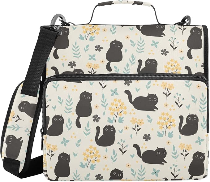 Cute Black Cats and Flowers Zipper Binder with Shoulder Strap Bag 3 Ring Binder Organizer Large Capacity Multiple Compartments for School Office