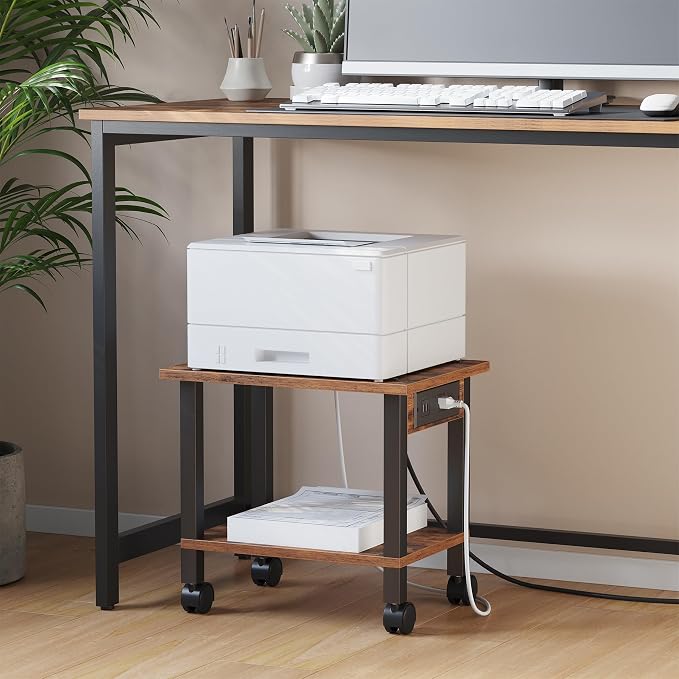 TUTOTAK Printer Stand, 2 Tier Rolling Printer Cart with Charging Station | Small Under Desk Printer Table with Wheels for Small Space, Office, Home, Brown PS01BB001