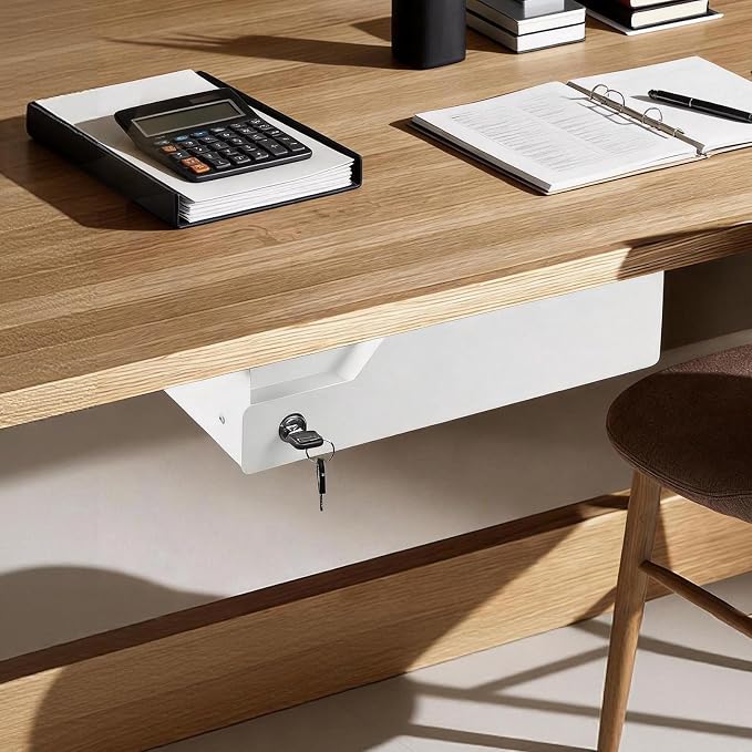Under Desk Drawer Storage with Lock, Metal Undermount Table Drawer, Ball Bearing Slides Out Tray Organizer for Paper, Pencil, and Laptop 16"x11.8"x3.6", White