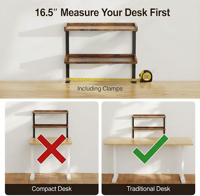Clamp On Desk Shelf 2-Tier, 16.5 in Wood Shelving Unit for Office Desk/Gaming Accessories, Tabletop Book Storage Rack, Shelf for Top of Desk, Brown
