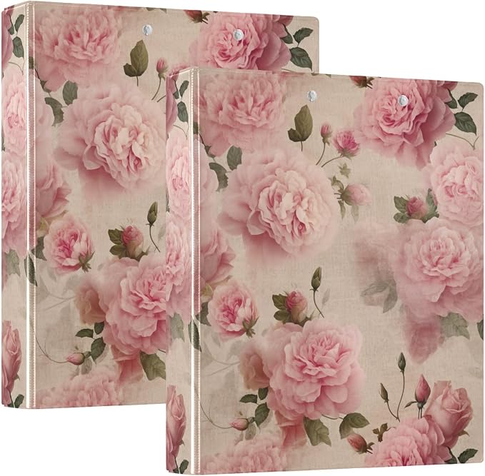 Vintage Pink Floral 1.5 Inch Binder 3 Ring, D Ring Binder with Anti-Slip Metal Clip Three Ring Binders Decorative for School Supplies, 1 Pack