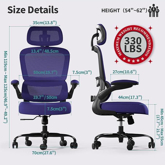 TRALT Office Chair Ergonomic Desk Chair - Gaming Chair with Lumbar Support | 330 LBS Home Office Desk Chairs with Headrest, Reading Chair with Flip-up Armrests, Comfortable Computer Chairs (1, Violet)