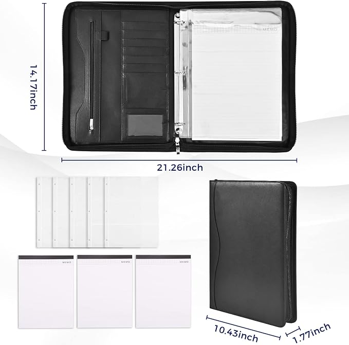 3-Ring Padfolio Portfolio Binder Organizer,PU Leather Folder Binder Business Planner Notebook Zippered Portfolio for Women/Men with Document Sleeve,Letter/A4 Size Clipboard