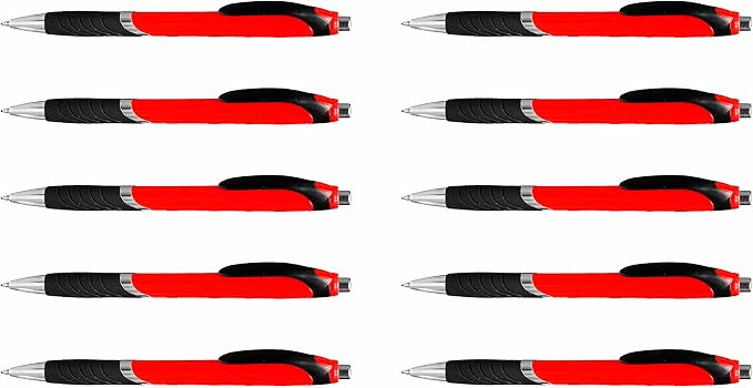DISCOUNT PROMOS Ballpoint Pens With Rubber Grip - 10 pack - Black Ink Ball Point Pen with Soft Touch Plastic - Red