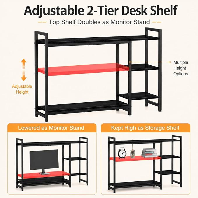 Snughome Adjustable Desk Shelf with Monitor Stand, 38.6" Desktop Organizer Hutch, Height Adjustable Computer Monitor Riser & 4 Tier Storage Bookshelf for Home Office Dorm, Black