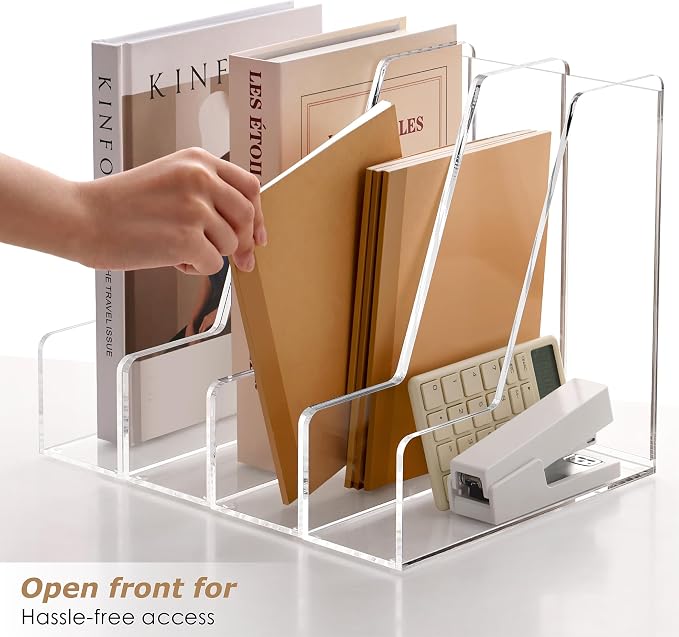 SANRUI 4 Pack Clear Acrylic Vertical File Organizer, Desk Organizer and Storage Bins Holding for Magazines, Binders, Notebooks, Envelopes, Multi-purpose Document Organizer for Home Office