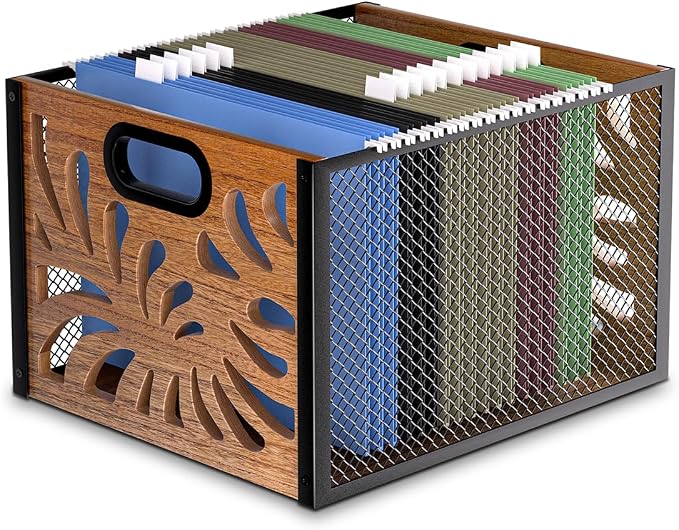 Wood File Box,Hanging File Organizer,File Storage Box Bin for Letter Size | Decorative Filing Boxes Bin, Portable Desktop Files Folder Organizer for Home Office School Desk Cabinet