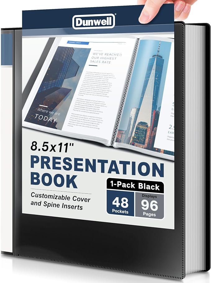 Dunwell Presentation Binder 48-Pocket, Displays 96 Pages, 8.5x11 Portfolio Binder with Plastic Sleeves, Storage and Organizer for Documents, Photos, Kids Artwork, Projects, Recipes (Black)