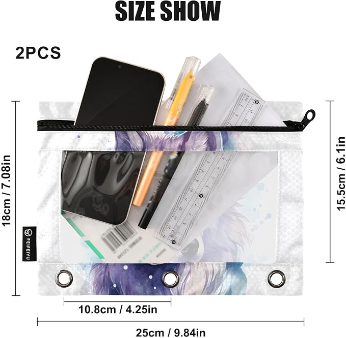 Wolf Watercolor Pencil Pouch for 3 Ring Binder, 2 Pack Waterproof Pencil Bags Clear Window Pencil Case Zipper School Office Supplies