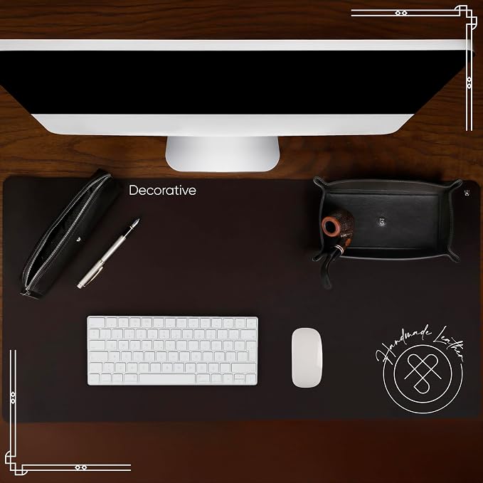 3-Pc Premium Full-Grain Leather Desk Organizer Set | Mat, Pencil Case & Tray | Chic Decor Accessories | Gift for Christmas, Birthday & Anniversary, Black