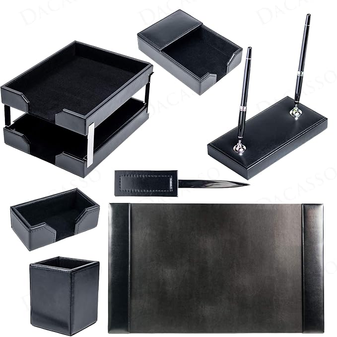 Dacasso Black Bonded Leather Luxury 9 Piece Desk Set - Blotter Pad & Desk Mat Organization Essentials - Executive Decor and Surface Protector