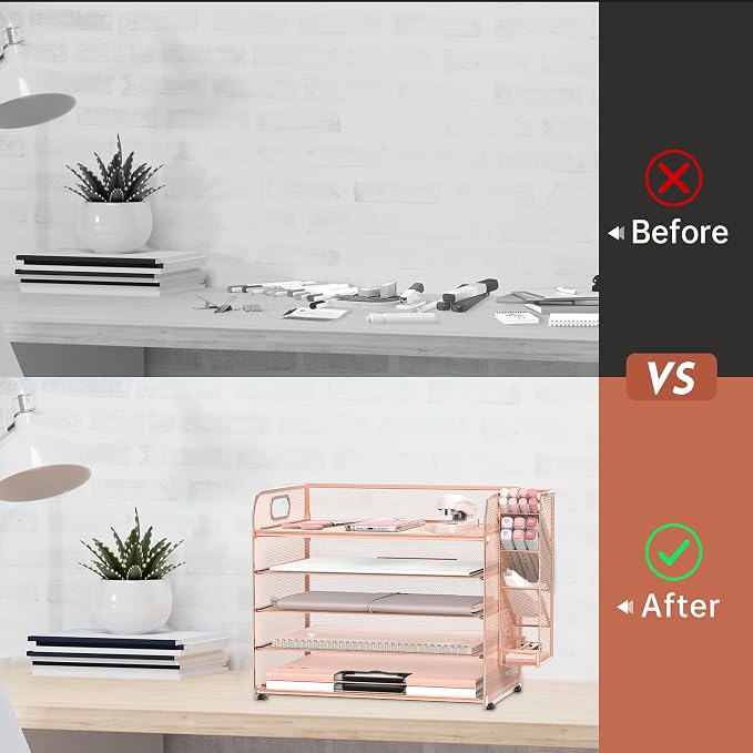 5-Tier Paper Organizer for Desk with Pen Holders, Letter Trays, Rose Gold | Metal Mesh Desktop File Organizer with Removable Trays and 2 Handles for Paper, Files, Mail, Folders in Office Home or School