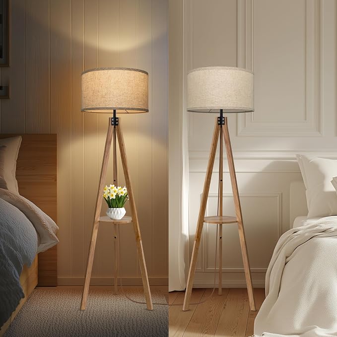 EOEYYOYB Floor Lamps for Living Room, Modern Standing Lamp with Shelf, 3 Color Temperature Led Bulb Tall Lamps with Foot Switch for Bedroom and Office, Burlywood