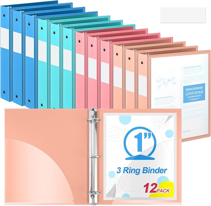 Henoyso 1 Inch 3 Ring Binders with Clear Front Cover and 2 Pockets, Round Ring Binders Fits 8.5'' x 11'' Letter Size Paper for School Office Supplies, 12 Pack (Assorted Vibrant Color)