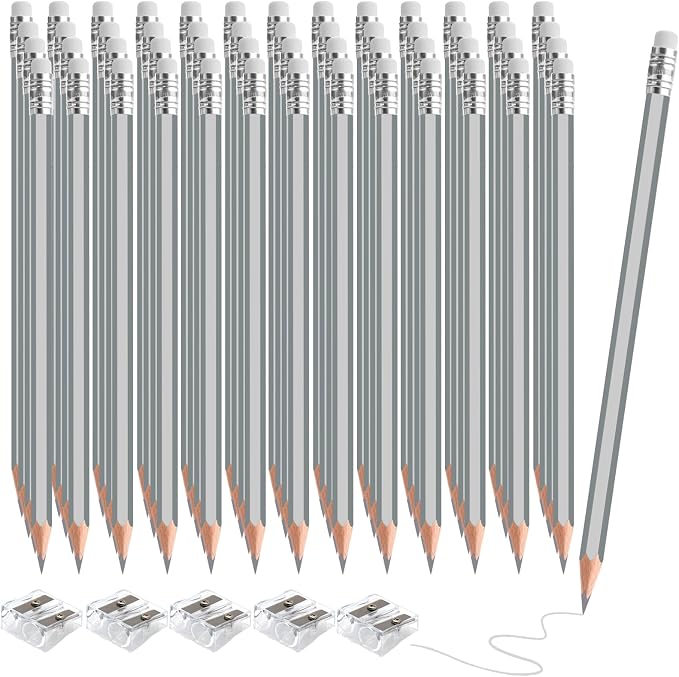 60 PCS Silver Pencils Bulk with Eraser, Pre-Sharpened HB Pencils for Writing & Drawing, School Supplies for Kids Homework, Tests, Art Crafts & Teacher Grading (Silver)