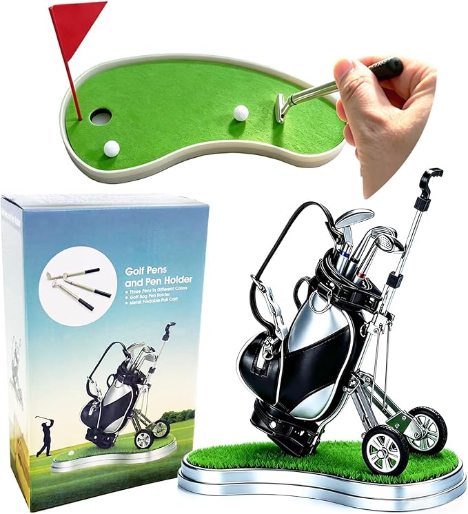 SANTA CASA Golf Pen Holder with 3 Pens, Mini Golf Desk Game for Golfers | Funny Desk Golf Accessory, Unique Gift for Men, Dad & Boss, Stocking Stuffer