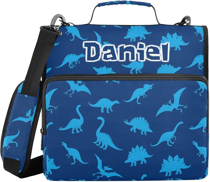 Custom Dinosaurs Dark Blue Pattern 3 Ring Zipper Binder with Shoulder Strap & Handle 1.5 Inch D-Ring Zippered Bag with Multiple Pocket, Personalized Binder Organizer for School or Office