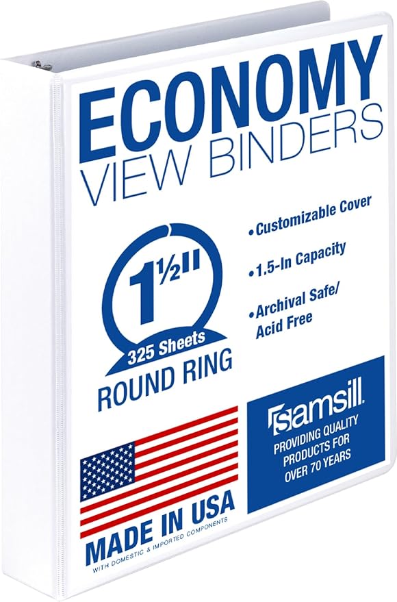 Samsill 1.5 Inch 3 Ring Binder, Economy Round Ring, Clear View Cover, 325 Sheet Capacity - for School, Home, Office - White
