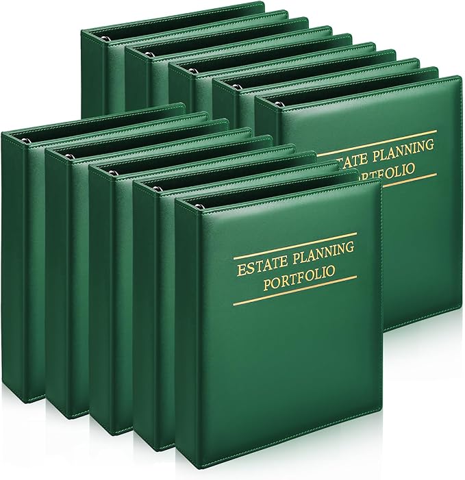 Dunzoom 10 Pcs Estate Planning Portfolio Binder PU Leather 3 Ring Binders with Gold Title and Index Tab Dividers, 11'' x 11.8'' x 2.4'' Estate Planning Organizer (Green)