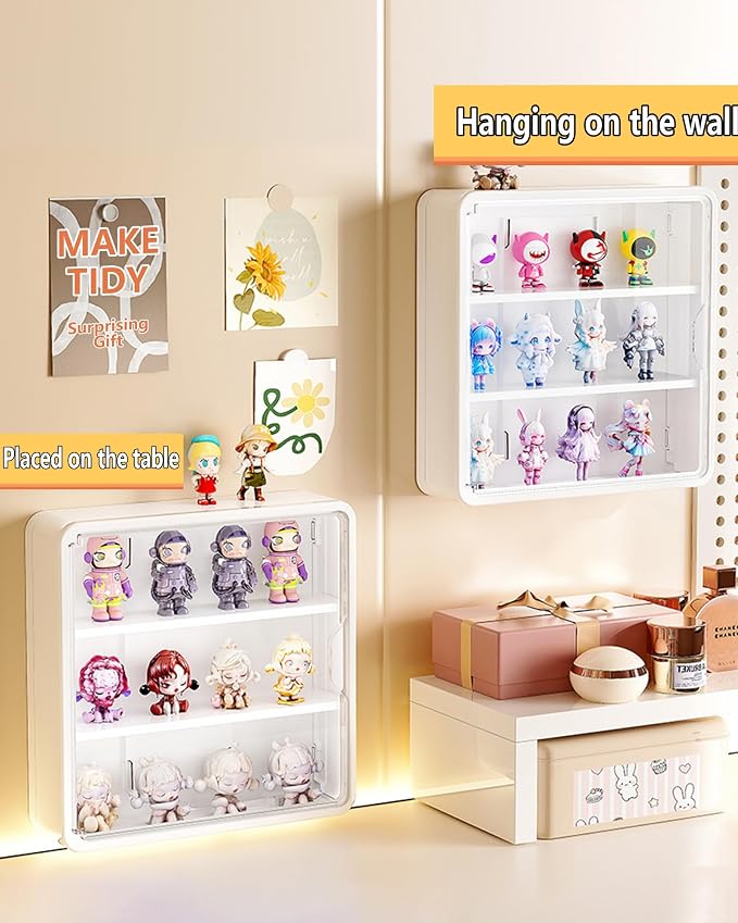 Wall Mounted Display Case for Figures, 15.75" High, Shadow Box with Shelves | Hanging Trinket Display Shelf for Collectibles Action Doll Blindboxes, 4-Layer White Shelf with Clear Magnetic Door 1 Pack