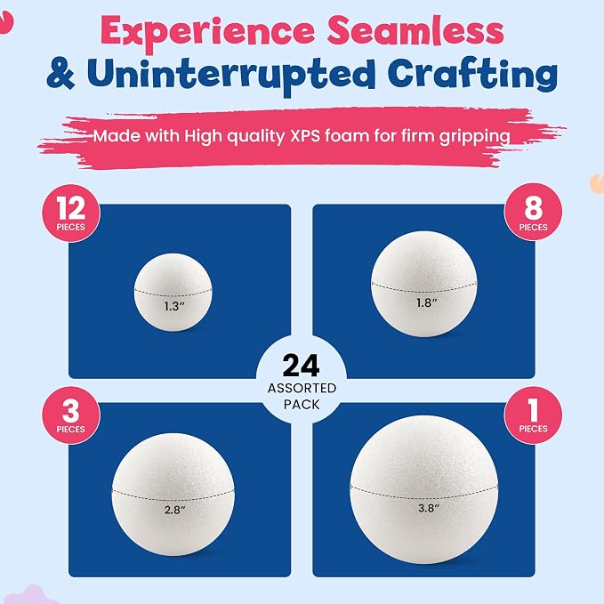 Hygloss Round Foam Balls for Crafts | 24 Pack of Assorted Sizes 1.3-Inch, 1.8-Inch, 2.8-Inch, 3.8-Inch White Craft Foam (XPS) for Arts Small Foam Balls for School Projects and DIY Crafts | Round Balls