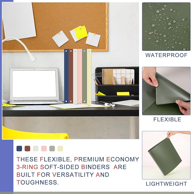 Fulmoon 6 Pack 1.5 Inch Plastic 3 Ring Binders with Pockets, Morandi Colors | Flexible Covers with Round Rings and Front Pockets for Organizing Papers at School, Office, Meetings and Presentations