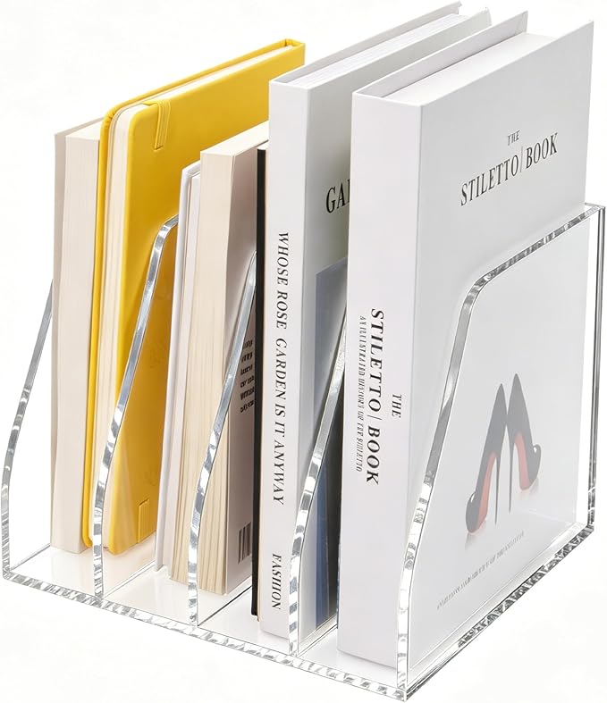 Lovemolly Acrylic Magazine File Holder – 4-Slot Clear Desk Organizer, Vertical Document Sorter for Office, Home & Classroom, No-Assembly Tabletop Rack for Folders, Books & Tablets, 7.09x8.07x6.3 in