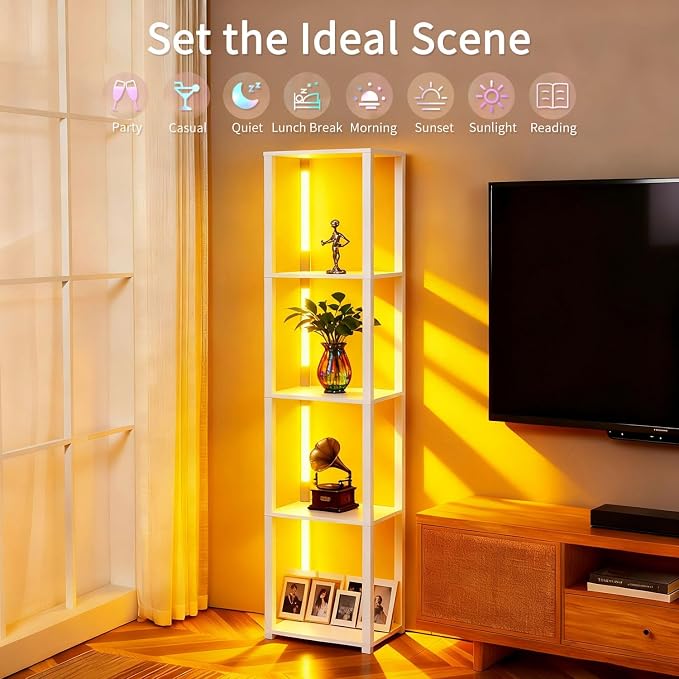RGBCW Floor Lamp with Shelves, LED Smart Modern Floor Lamp with Music Sync, Color Changing Corner Display Shelf Lamp, Standing Lamp with Shelves for Living Room and Bedroom, Office, White