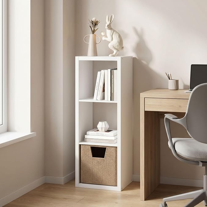 Furinno Cubicle Book Shelf, 3-Cube Bookshelf, Extra Thick Frame Horizontally & Vertically Reversible Bookcase with Open Back, 14.6 x 15.9 x 44, for Living Room, Bedroom, Home Office, Plain White