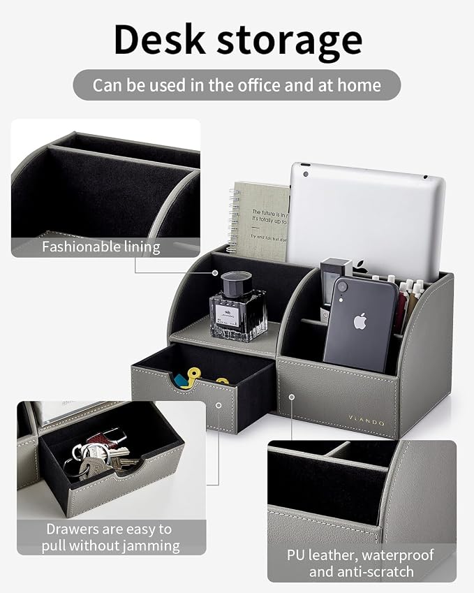 VLANDO Desk Organizer with Drawer for Office, Vanity and Nightstand, Grey | Leather caddy with compartments and drawer organizes office supplies, makeup and bedside essentials in one station