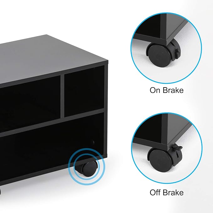 FITUEYES Mobile Printer Stand with Storage, Wood Small Printer Table, Black | Under Desk Rolling Work Cart with Wheels and 3 Compartment Organizer Spaces for Home Office, 15.7 x 11.8 x 13.8