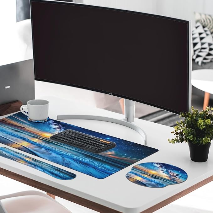 Keyboard Mouse Pad Set, 4 in 1 Desk Mat Set, Blue Ocean | Starry Sky Sea Large Mousepad+Keyboard Wrist Rest+Mouse Wrist Rest+Coaster Ergonomic Design for Home Office Computer