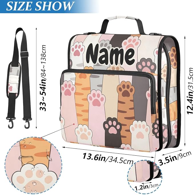 Custom Cute Paw Prints 3 Ring Binder Bag 1.5 inch Personalized Name Binder Organizer 500 Sheet Documents Storage for School Office