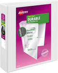 Avery® Durable View 3 Ring Binder, 2" EZD® Rings, 1 White Binder | For Daily School, Home and Office Use, DuraHinge Tear-Resistant Spine, DuraEdge Split-Resistant Sides, Clear Overlays